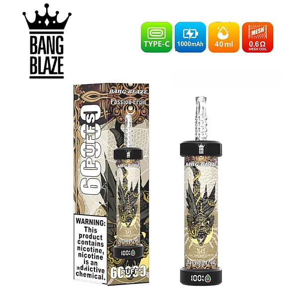 Bang Blaze 60000 60K Puffs Passion Fruit disposable vape with Type-C 1000mAh battery, 40ml e-liquid, 0.6&Omega; mesh coil, LED indicator, retail box.