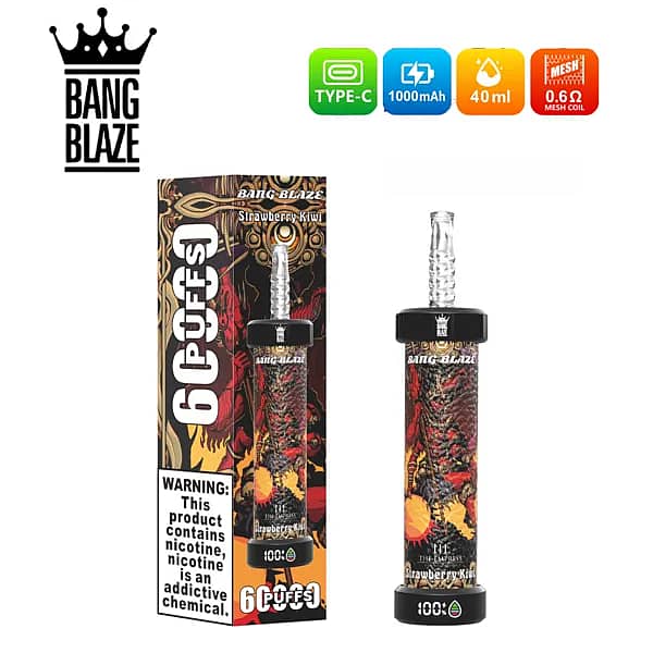 Bang Blaze 60000 60K Puffs Strawberry Kiwi disposable vape with Type-C rechargeable 1000mAh battery, 40ml e-liquid, 0.6&Omega; mesh coil and LED indicator, box and device.
