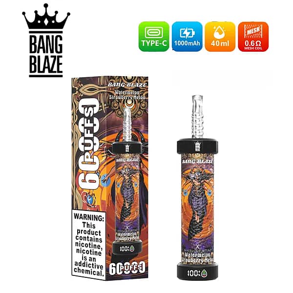 Bang Blaze 60000 60K Puffs disposable vape, Watermelon Strawberry Melon flavor, Type-C rechargeable 1000mAh, 40ml e-liquid, 0.6&Omega; mesh coil, LED battery indicator, box and device.