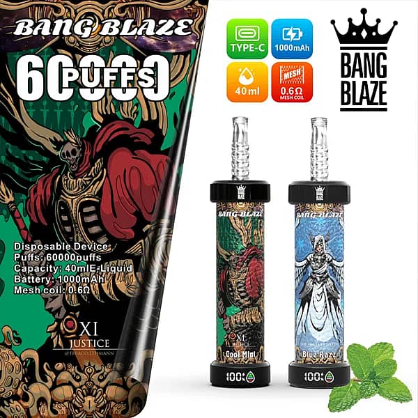 Bang Blaze 60000 60K Puffs disposable vape with Type-C charging, 1000mAh battery, 40ml e-liquid and 0.6Ω mesh coil, shown in Cool Mint and Blue Razz designs.