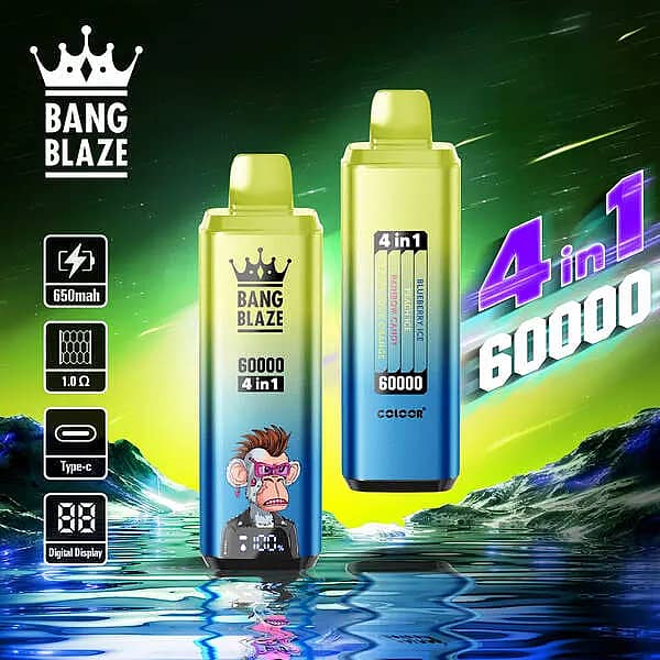 Bang Blaze 60000 Puffs 4-in-1 disposable vape with Blueberry Ice, Peach Ice, Rainbow Candy, and Lemon Sour Orange; 650mAh Type-C rechargeable, 1.0&Omega; mesh coil, smart digital display.