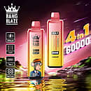 Bang Blaze 60000 Puffs 4-in-1 disposable vape with Blueberry Ice, Peach Mango Watermelon, Passion Kiss, and Melon Apple; 650mAh Type-C rechargeable battery, 1.0&Omega; mesh coil, smart digital display.