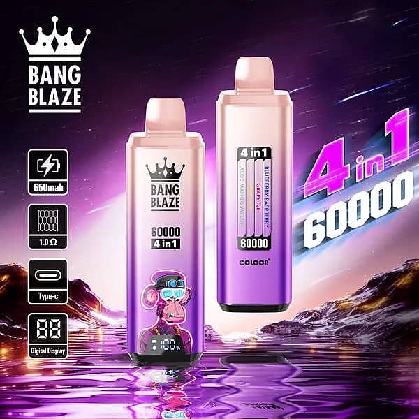 Bang Blaze 60000 Puffs 4-in-1 disposable vape with Blueberry Raspberry, Grape Ice, Berry Ice, and Aloe Mango Melon; 650mAh Type-C rechargeable, 1.0&Omega; mesh coil, smart digital display.