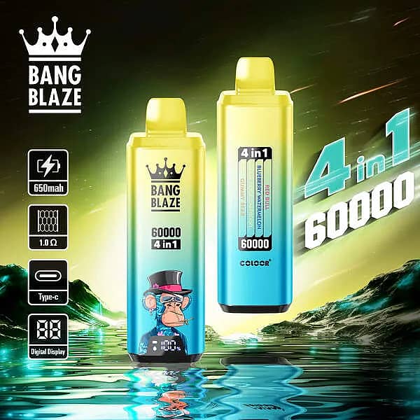Bang Blaze 60000 Puffs 4-in-1 disposable vape &mdash; Energy Drink, Blueberry Watermelon, Sour Apple Raspberry, Gummy Bear; 650mAh Type-C rechargeable, 1.0&Omega; mesh coil, digital display.
