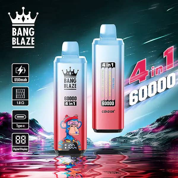 Bang Blaze 60000 Puffs 4-in-1 disposable vape with Energy Drink, Strawberry Banana, Mango Peach Apricot, and Passion Fruit Kiwi Lime flavors; 650mAh Type-C rechargeable, 1.0&Omega; mesh coil, digital display.