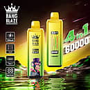 Bang Blaze 60000 Puffs 4-in-1 disposable vape with Strawberry Mango, Strawberry Kiwi, Apple Grape, and Watermelon Dragon Fruit flavors; 650mAh Type-C rechargeable battery, 1.0&Omega; mesh coil, digital display.