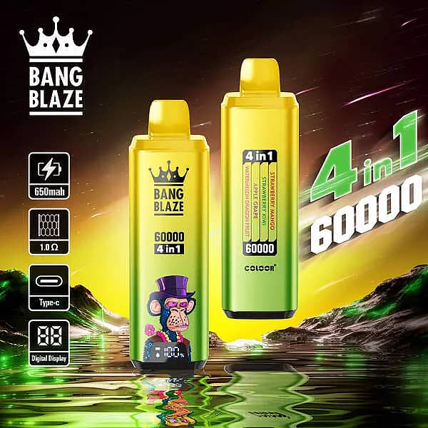 Bang Blaze 60000 Puffs 4-in-1 disposable vape with Strawberry Mango, Strawberry Kiwi, Apple Grape, and Watermelon Dragon Fruit flavors; 650mAh Type-C rechargeable battery, 1.0&Omega; mesh coil, digital display.