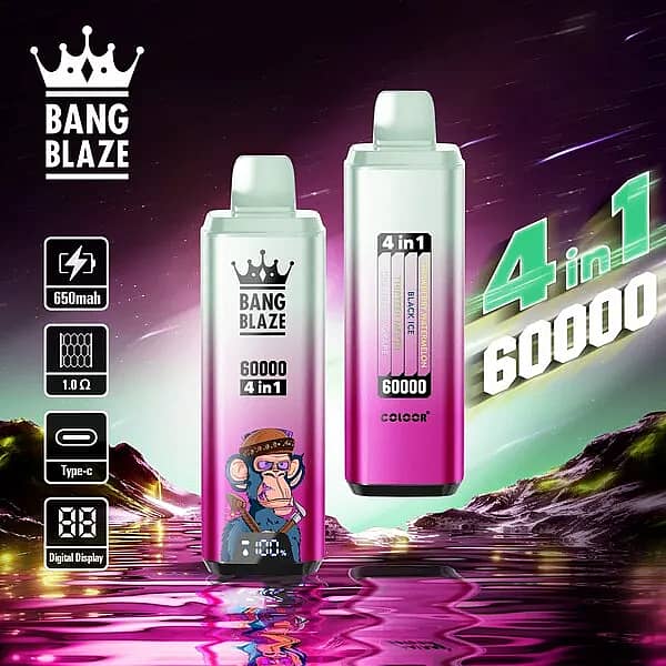 Bang Blaze 60000 Puffs 4-in-1 disposable vape with Strawberry Watermelon, Black Ice, Thirteen Melon, and Cranberry Grape flavors; 650mAh Type-C rechargeable, 1.0&Omega; mesh coil, digital display.