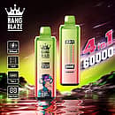 Bang Blaze 60000 Puffs 4-in-1 disposable vape with Strawberry Watermelon, Kiwi Passion Fruit Guava, Mango Ice, and Watermelon Sour Peach; 650mAh Type-C rechargeable, 1.0&Omega; mesh coil, digital display.