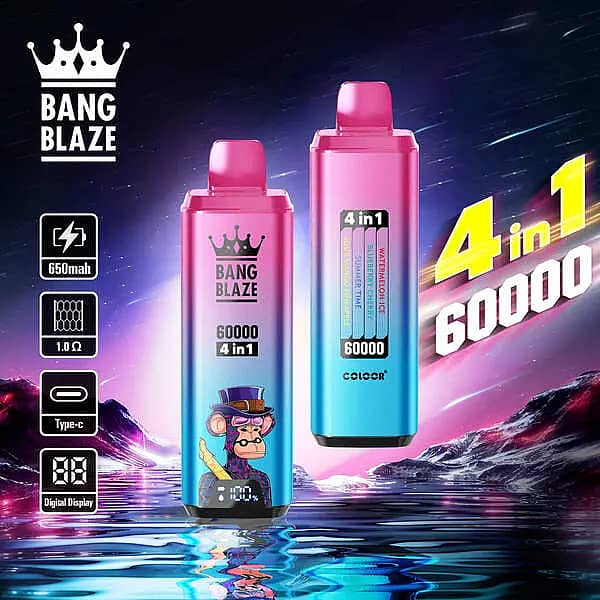 Bang Blaze 60000 Puffs 4-in-1 disposable vape &mdash; Watermelon Ice, Blueberry Cherry, Summer Time, Sour Mango Pineapple; 650mAh, Type-C, 1.0&Omega; mesh, digital display.