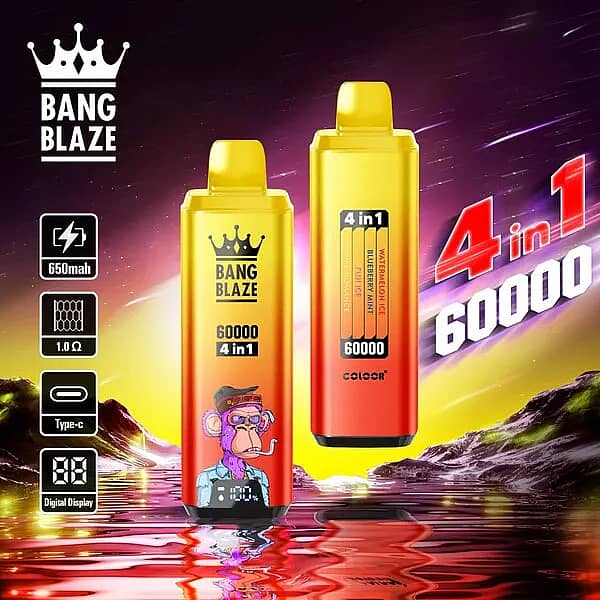Bang Blaze 60000 Puffs 4-in-1 disposable vape &mdash; Watermelon Ice, Blueberry Mint, Fuji Ice, Lime Romance; 650mAh Type-C, 1.0&Omega; mesh, digital display.