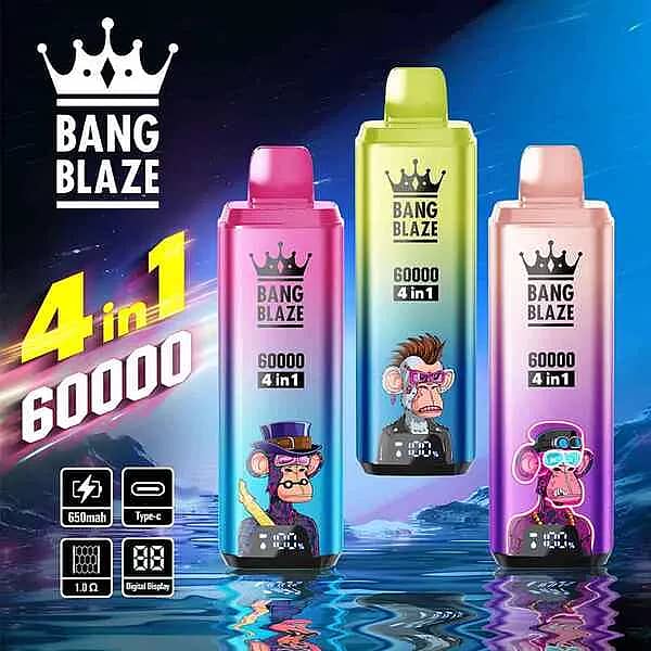 Bang Blaze 60000 Puffs 4-in-1 disposable vape with 650mAh Type-C rechargeable battery, 1.0Ω mesh coil, and smart digital display.