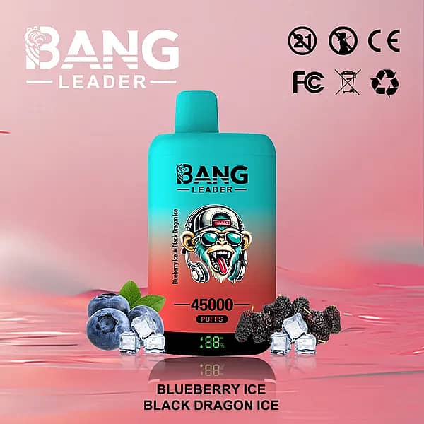 Bang Leader 45000 Puffs dual-flavor disposable vape with smart battery percentage screen, shown with blueberries, black mulberries (&ldquo;black dragon&rdquo;), and ice&mdash;flavors: Blueberry Ice & Black Dragon Ice.
