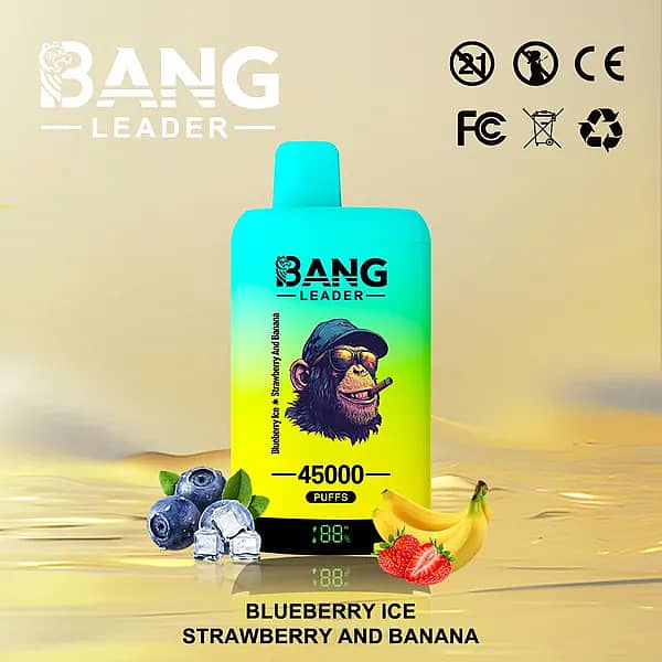 Bang Leader 45000 Puffs Dual Flavors disposable vape &mdash; Blueberry Ice and Strawberry Banana with battery-percentage display.