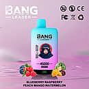 Bang Leader 45000 Puffs dual-flavor disposable vape with battery-percentage screen, in gradient cyan-pink; flavors: Blueberry Raspberry & Peach Mango Watermelon.