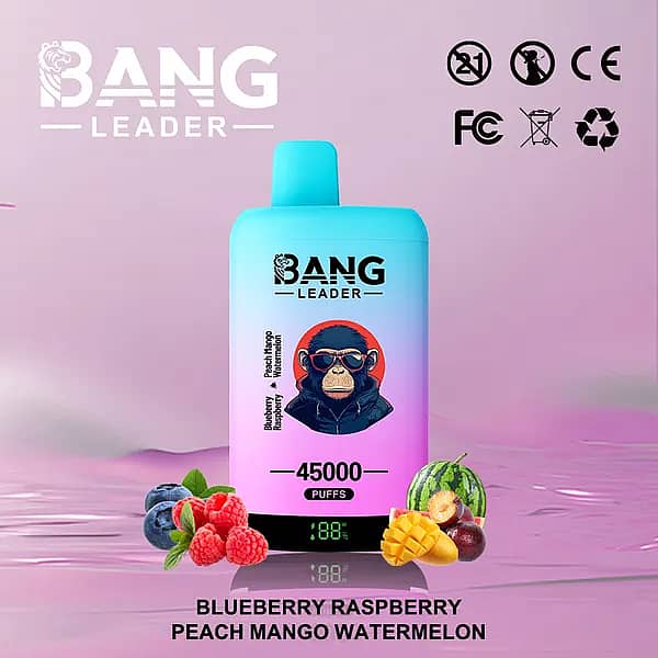 Bang Leader 45000 Puffs dual-flavor disposable vape with battery-percentage screen, in gradient cyan-pink; flavors: Blueberry Raspberry & Peach Mango Watermelon.