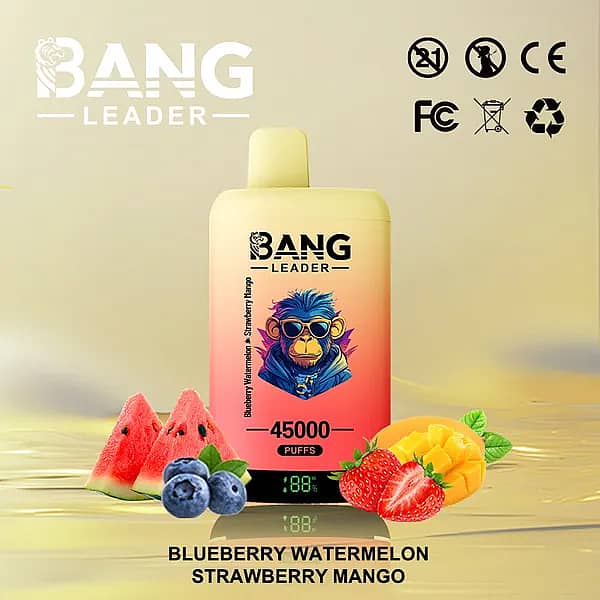 Bang Leader 45000 Puffs dual-flavor disposable vape with battery-percentage screen, gradient yellow-orange body; flavors: Blueberry Watermelon & Strawberry Mango.
