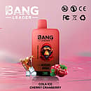 Bang Leader 45000 Puffs dual-flavor disposable vape with battery-percentage screen, red gradient body; flavors: Cola Ice & Cherry Cranberry.