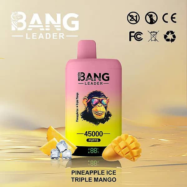 Bang Leader 45000 puffs dual-flavor disposable vape, pink-yellow gradient body with battery-percentage screen; flavors Pineapple Ice and Triple Mango.