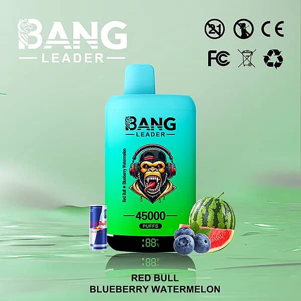 Bang Leader 45000 Puffs Dual Flavors disposable vape, Red Bull & Blueberry Watermelon, Type-C rechargeable with battery percentage display