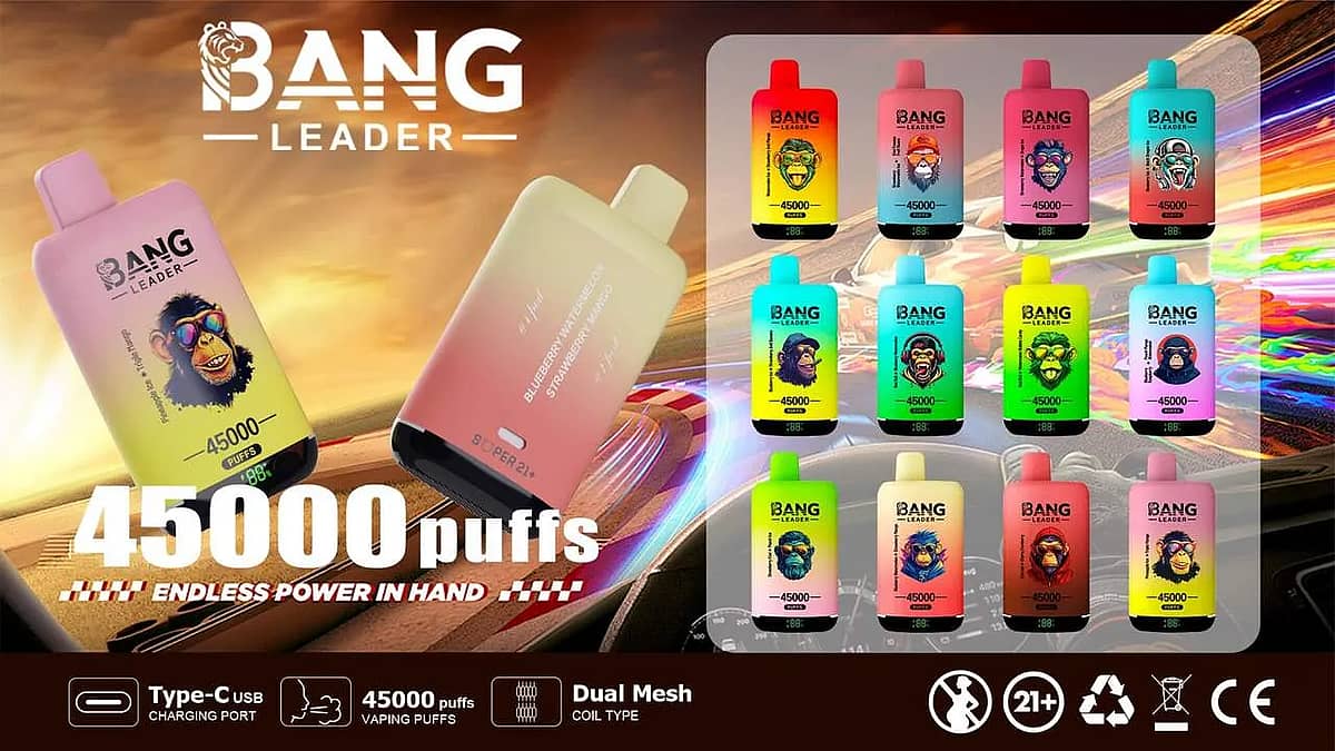 Bang Leader 45000 Puffs Dual Flavors disposable vape banner featuring Type-C charging, dual-mesh coil, battery-percent display, and multiple flavor options.