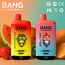 Bang Leader 45000 Puffs dual-flavor disposable vapes&mdash;two gradient-color devices with smart battery percentage screens, surrounded by watermelon, strawberry, kiwi, mango, and passion-fruit imagery.