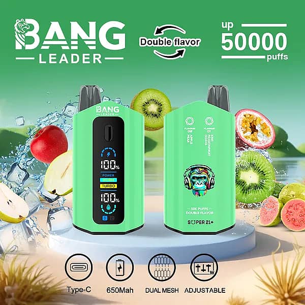 Bang Leader 50000 Puffs dual-flavor disposable vape in green with smart screen; Type-C rechargeable 650 mAh battery, dual-mesh coil, adjustable wattage; Apple Pear & Kiwi Passion Fruit Guava flavors shown.