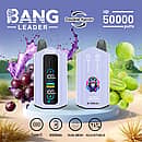 Bang Leader 50000 Puffs dual-flavor disposable vape in light purple with smart screen; Type-C rechargeable 650 mAh battery, adjustable wattage, dual-mesh coil; Black Grape and Green Grape flavors shown with fruit splash.