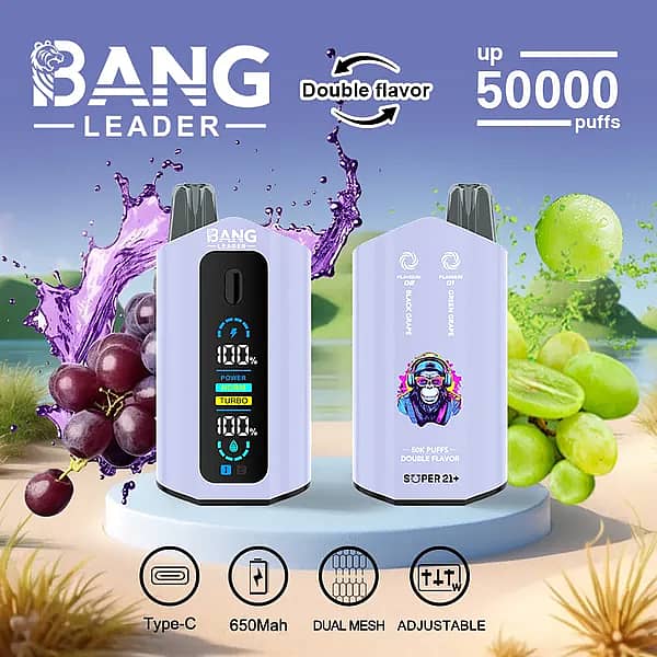 Bang Leader 50000 Puffs dual-flavor disposable vape in light purple with smart screen; Type-C rechargeable 650 mAh battery, adjustable wattage, dual-mesh coil; Black Grape and Green Grape flavors shown with fruit splash.