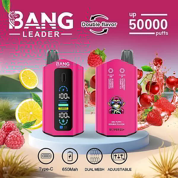 Bang Leader 50000 Puffs dual-flavor disposable vape in hot pink with smart screen; Type-C rechargeable 650 mAh battery, adjustable wattage, dual-mesh coil; flavors Blueberry Raspberry Lemonade and Strawberry Raspberry Cherry Ice with fruit splash.
