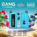 Bang Leader 50000 Puffs dual-flavor disposable vape in sky blue with smart screen; Type-C rechargeable 650 mAh battery, adjustable wattage, dual-mesh coil; flavors Blueberry Sour Raspberry and Blueberry.