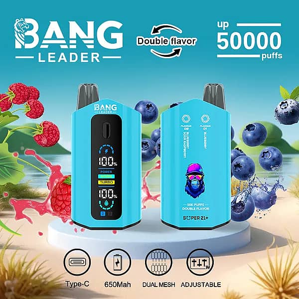 Bang Leader 50000 Puffs dual-flavor disposable vape in sky blue with smart screen; Type-C rechargeable 650 mAh battery, adjustable wattage, dual-mesh coil; flavors Blueberry Sour Raspberry and Blueberry.