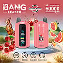 Bang Leader 50000 Puffs dual-flavor disposable vape in pink with smart screen; Type-C rechargeable 650 mAh battery, adjustable wattage, dual-mesh coil; flavors Cherry Cola and Pink Lemonade.