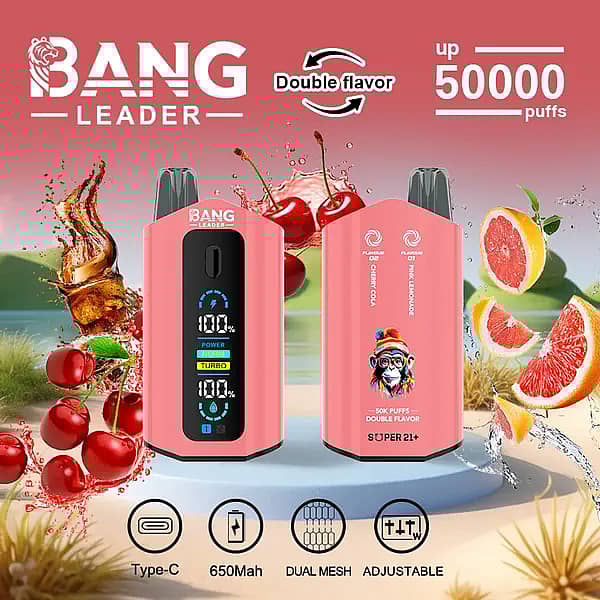 Bang Leader 50000 Puffs dual-flavor disposable vape in pink with smart screen; Type-C rechargeable 650 mAh battery, adjustable wattage, dual-mesh coil; flavors Cherry Cola and Pink Lemonade.