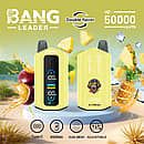 Bang Leader 50000 Puffs dual-flavor disposable vape in yellow with smart screen; 650 mAh Type-C rechargeable, adjustable wattage, dual-mesh coil; flavors Pineapple Passion Fruit and Pineapple Ice.