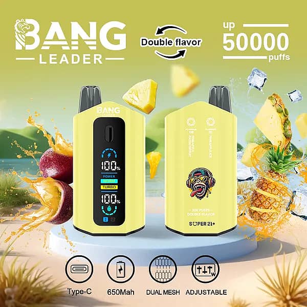 Bang Leader 50000 Puffs dual-flavor disposable vape in yellow with smart screen; 650 mAh Type-C rechargeable, adjustable wattage, dual-mesh coil; flavors Pineapple Passion Fruit and Pineapple Ice.