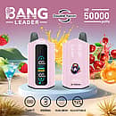 Bang Leader 50000 Puffs dual-flavor disposable vape in pink with smart screen; 650 mAh Type-C rechargeable, adjustable wattage, dual-mesh coil; flavors Raspberry Mojito and Cherry Raspberry Lime.