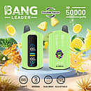 Bang Leader 50000 Puffs dual-flavor disposable vape in light green with smart screen; 650 mAh Type-C rechargeable, adjustable wattage, dual-mesh coil; flavors Sour Pineapple Lemonade and Lemon Lime.