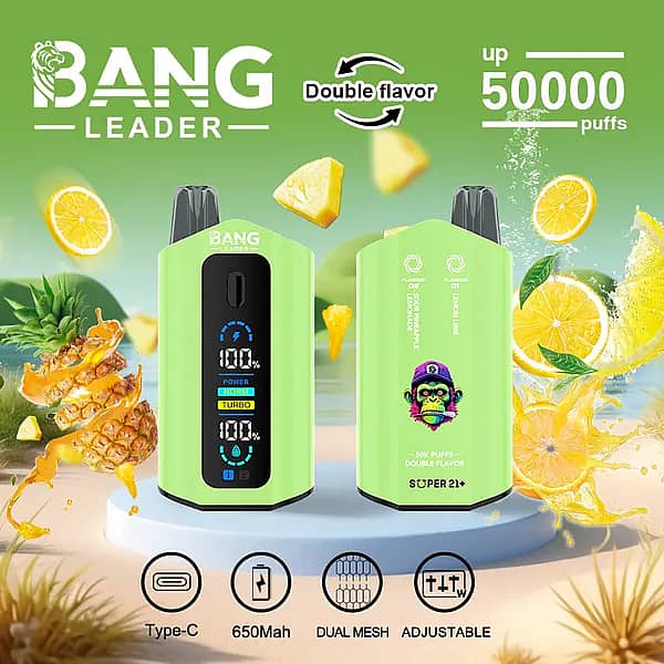Bang Leader 50000 Puffs dual-flavor disposable vape in light green with smart screen; 650 mAh Type-C rechargeable, adjustable wattage, dual-mesh coil; flavors Sour Pineapple Lemonade and Lemon Lime.