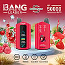 Bang Leader 50000 Puffs red dual-flavor disposable vape with smart display; 650 mAh Type-C rechargeable, adjustable wattage, dual-mesh coil; flavors Strawberry Raspberry Cherry Ice and Cherry shown with fruit and ice splashes.