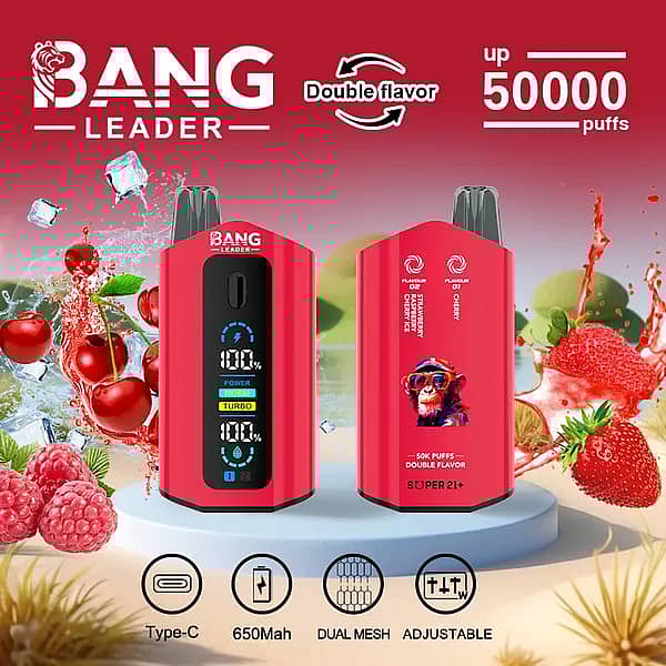 Bang Leader 50000 Puffs red dual-flavor disposable vape with smart display; 650 mAh Type-C rechargeable, adjustable wattage, dual-mesh coil; flavors Strawberry Raspberry Cherry Ice and Cherry shown with fruit and ice splashes.