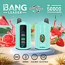 Bang Leader 50000 Puffs aqua dual-flavor disposable vape with smart display; 650 mAh Type-C rechargeable, adjustable wattage, dual-mesh coil; flavors Watermelon and Strawberry Watermelon shown with fruit splashes.