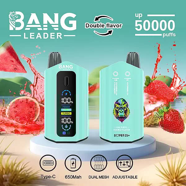 Bang Leader 50000 Puffs aqua dual-flavor disposable vape with smart display; 650 mAh Type-C rechargeable, adjustable wattage, dual-mesh coil; flavors Watermelon and Strawberry Watermelon shown with fruit splashes.