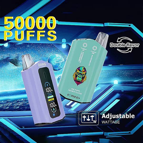 Bang Leader 50000 Puffs dual-flavor disposable vape with adjustable wattage and smart screen; two color devices (purple and teal) shown.
