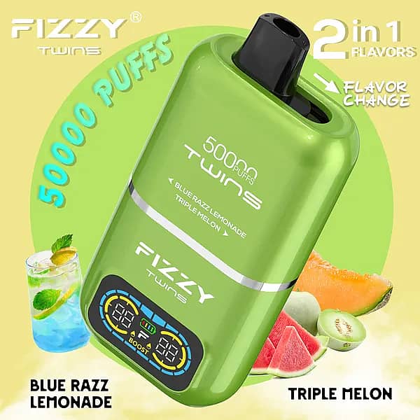 Fizzy Twins 50000 Puffs Blue Razz Lemonade & Triple Melon dual-tank disposable vape with flavor switch, smart LCD, Normal/Boost modes, 1.0 &Omega; mesh coil, Type-C rechargeable 850 mAh.