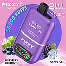 Fizzy Twins 50000 Puffs Blueberry Coconut & Grape Ice dual-tank disposable vape with flavor switch, smart LCD, Normal/Boost modes, 1.0 &Omega; mesh coil, Type-C rechargeable 850 mAh.