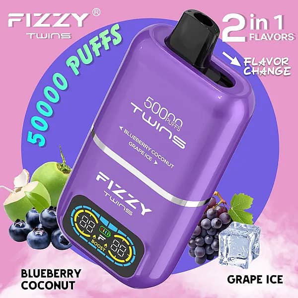 Fizzy Twins 50000 Puffs Blueberry Coconut & Grape Ice dual-tank disposable vape with flavor switch, smart LCD, Normal/Boost modes, 1.0 &Omega; mesh coil, Type-C rechargeable 850 mAh.