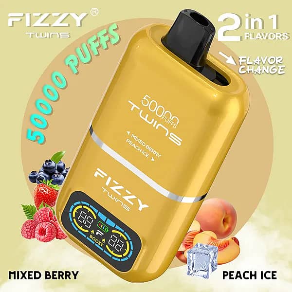 Fizzy Twins 50000 Puffs Mixed Berry & Peach Ice dual-tank disposable vape with flavor switch, smart LCD, 1.0 &Omega; mesh coil, Type-C rechargeable 850 mAh.