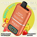 Fizzy Twins 50000 Puffs Peach Mango Watermelon & Strawberry Banana dual-tank disposable vape with flavor switch, smart LCD, 1.0 &Omega; mesh coil, Type-C rechargeable 850 mAh.