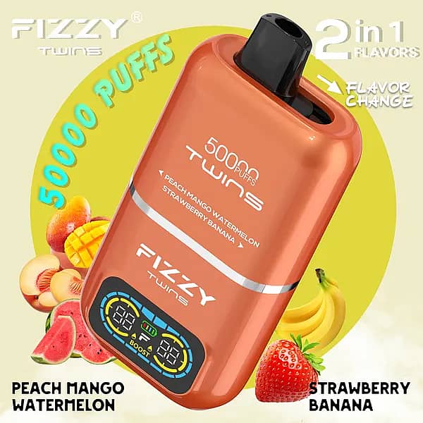 Fizzy Twins 50000 Puffs Peach Mango Watermelon & Strawberry Banana dual-tank disposable vape with flavor switch, smart LCD, 1.0 &Omega; mesh coil, Type-C rechargeable 850 mAh.